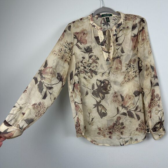 LRL Ralph Lauren Georgette Split Neck Tunic Petite L Tan Floral Sheer Fairy Boho - Picture 4 of 15